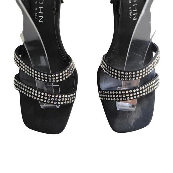 St. John Storm Black Crepe & Rhinestone Heels Women Size 8 B - Picture 14 of 14